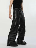 Itooh Multi-pocket Pleated Design PU Leather Pants