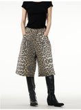 Itooh American Wide-leg Leopard Print Denim Shorts