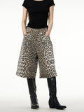 Itooh American Wide-leg Leopard Print Denim Shorts