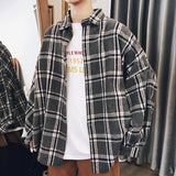 90s fashion men Hong Kong Style Casual plus Size Neutral Loose Brushed Woolen Plaid Thickened Long Sleeve Shirt for Men