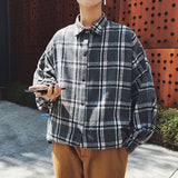 90s fashion men Hong Kong Style Casual plus Size Neutral Loose Brushed Woolen Plaid Thickened Long Sleeve Shirt for Men