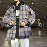 90s fashion men Hong Kong Style Casual plus Size Neutral Loose Brushed Woolen Plaid Thickened Long Sleeve Shirt for Men