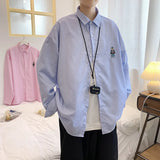 Itooh  2024 Spring Fashion: Korean bear embroidered versatile striped long sleeve shirt couple shirts