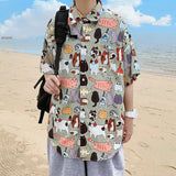 Itooh  Hawaiian Cartoon Short Sleeve Shirt Men's Summer Fashion Brand Inspi Shuai Thin Loose Cotton Half Sleeve Camisa Streetwear