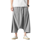 Itooh Cotton Linen Men Wide Leg Pants  Summer Men Casual Calf-Length Pants Male Track Pants  Solid Big Pocket Baggy Pants Trousers