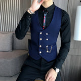 Itooh Mens Vest Double-breasted Waistcoat Male Prom Party Disco Waiter Clothes Casual Slim Fit Dress Vest For Men Tuxedo Gilet Homme