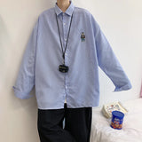 Itooh  2024 Spring Fashion: Korean bear embroidered versatile striped long sleeve shirt couple shirts