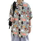 Itooh  Hawaiian Cartoon Short Sleeve Shirt Men's Summer Fashion Brand Inspi Shuai Thin Loose Cotton Half Sleeve Camisa Streetwear