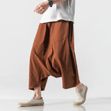 Itooh Cotton Linen Men Wide Leg Pants  Summer Men Casual Calf-Length Pants Male Track Pants  Solid Big Pocket Baggy Pants Trousers