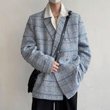 ITOOH Lapel Collar Blue Tweed Blazer