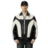 moto jacket outfit Autumn and Winter Korean Style Niche Black and White Color Matching Leather Coat Men's Loose Stitching Design Leather Jacket Trendy Top