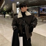 bomber jacket PU Leather Fur Collar Cotton-Padded Coat for Men Autumn and Winter Thickened Korean Style Trendy Lamb Fur Ruffle Handsome High-Grade Cotton-Padded Coat Leather Coat