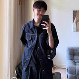 Itooh boy outfits Summer New Denim Suit Men's American Street Loose Casual Dark Blue Shirt Wide Leg Cropped Pants Two-Piece Set