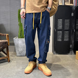 90s streetwear Primary Color Men's Jeans Trendy Multi-Bag Workwear Jeans Men's Loose Dark Blue Straight Jeans Men's Pants