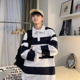 outfits for men Retro Color Matching Striped Long-Sleeved Polo Shirt Men's Fashion Brand Loose Boyfriend Style Couple Casual Sweater Jacket