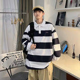 outfits for men Retro Color Matching Striped Long-Sleeved Polo Shirt Men's Fashion Brand Loose Boyfriend Style Couple Casual Sweater Jacket