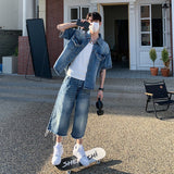 2024 fall fashion trends Korean Style Trendy Niche Lapel Short Sleeve Frayed Edge Denim Suit Casual Loose Straight Washed Denim Cropped Pants