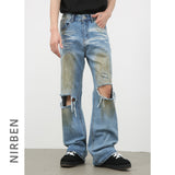 guys clothing styles Nirben Denim | High Street American Washed Ripped Jeans Men's Retro Loose Hip Hop Skinny Pants