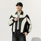 moto jacket outfit Autumn and Winter Korean Style Niche Black and White Color Matching Leather Coat Men's Loose Stitching Design Leather Jacket Trendy Top