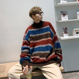 sweater Striped Half Turtleneck Sweater Men's and Women's Japanese and Korean Autumn and Winter New Lazy Style Coat Blue Cattle Color Matching Knitted Top Coat