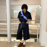 boy outfits Summer New Denim Suit Men's American Street Loose Casual Dark Blue Shirt Wide Leg Cropped Pants Two-Piece Set