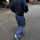 cold weather outfits El Style Blue Washed Work Pants Distressed Baggy Jeans Three-Dimensional Destroyed Frayed Straight