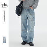 fall fits men Ouswe American Heavy Industry Vintage Washed Jeans Men's Loose Pocket Overalls Wide Leg Pants Rk82