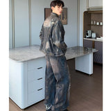 frat outfits Autumn 2024 Paint Distressed Denim Jacket Ripped Denim Trousers Men's Loose Suit American Men's Clothing