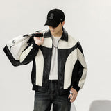 moto jacket outfit Autumn and Winter Korean Style Niche Black and White Color Matching Leather Coat Men's Loose Stitching Design Leather Jacket Trendy Top