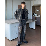 frat outfits Autumn 2024 Paint Distressed Denim Jacket Ripped Denim Trousers Men's Loose Suit American Men's Clothing