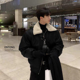 bomber jacket PU Leather Fur Collar Cotton-Padded Coat for Men Autumn and Winter Thickened Korean Style Trendy Lamb Fur Ruffle Handsome High-Grade Cotton-Padded Coat Leather Coat