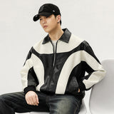 moto jacket outfit Autumn and Winter Korean Style Niche Black and White Color Matching Leather Coat Men's Loose Stitching Design Leather Jacket Trendy Top