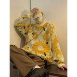 ITOOH Winter Outfits 1980s fashion trends Autumn and Winter Japanese Retro Sunflower Flocking Lazy Sweater Men and Women Hip Hop Couple Long Sleeve Sweater ITOOH Winter Outfits