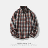 fall mens outfits American Retro Plaid Shirt Men's Autumn New Lapel Patch Bag Design Couple Loose Long Sleeve Shirt Coat Women