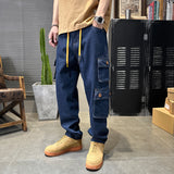 90s streetwear Primary Color Men's Jeans Trendy Multi-Bag Workwear Jeans Men's Loose Dark Blue Straight Jeans Men's Pants