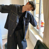 boy outfits Summer New Denim Suit Men's American Street Loose Casual Dark Blue Shirt Wide Leg Cropped Pants Two-Piece Set