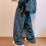 90s fashion Autumn New Loose Couple's Retro Green Plaid Wide-Leg Pants Men's Casual Lazy Straight Casual Pants Fashion