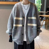 masc outfits Cardigan V-neck Sweater Autumn and Winter Men's Sweater Lazy Style Top Striped Color Matching Loose College Coat