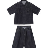 boy outfits Summer New Denim Suit Men's American Street Loose Casual Dark Blue Shirt Wide Leg Cropped Pants Two-Piece Set