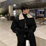 bomber jacket PU Leather Fur Collar Cotton-Padded Coat for Men Autumn and Winter Thickened Korean Style Trendy Lamb Fur Ruffle Handsome High-Grade Cotton-Padded Coat Leather Coat