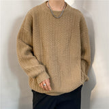 fall outfits men Korean Style Lazy Style Sweater Men's round Neck Loose Japanese Retro Couple Solid Color Casual Sweater