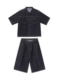 boy outfits Summer New Denim Suit Men's American Street Loose Casual Dark Blue Shirt Wide Leg Cropped Pants Two-Piece Set