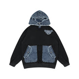 fall outfits 2024 American Retro Blue Denim Stitching Embroidered Hooded Sweater Men's Autumn Loose Top