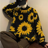 ITOOH Winter Outfits 1980s fashion trends Autumn and Winter Japanese Retro Sunflower Flocking Lazy Sweater Men and Women Hip Hop Couple Long Sleeve Sweater ITOOH Winter Outfits