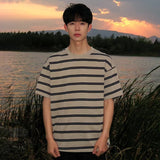 boy outfits Striped Short-Sleeved T-shirt Men's round Neck Loose Casual Top Hong Kong Style Retro All-Matching T-shirt 2024 Summer