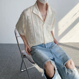 90s fashion men Summer Hollow Lace Artistic Shirt Men's and Women's Niche Light Luxury Breathable Thin Holiday Style Casual Shirt