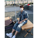 2024 fall fashion trends Korean Style Trendy Niche Lapel Short Sleeve Frayed Edge Denim Suit Casual Loose Straight Washed Denim Cropped Pants