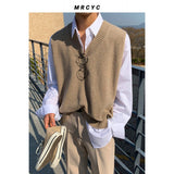 old money outfits men Solid Color Knitted Vest Men's Spring and Autumn Korean Style Trendy Personalized V-neck Sweater Vest Outer Wear Loose Waistcoat