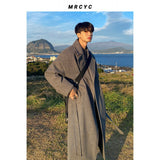 winter outfits men Myq Herringbone Coat Men's Mid-Length Korean Style Trendy over-the-Knee Trench Coat Men's Thickened Casual Loose Coat