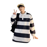 outfits for men Retro Color Matching Striped Long-Sleeved Polo Shirt Men's Fashion Brand Loose Boyfriend Style Couple Casual Sweater Jacket